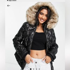 River Island Black Quilted Fur Hood Coat with Belt